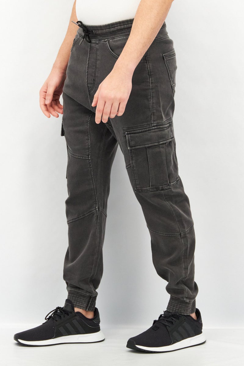 Celio Men Regular Fit Washed Drawstring Denim Cargo Pants, Charcoal - Image 3