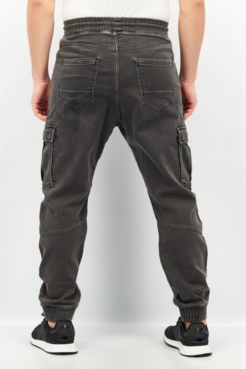 Celio Men Regular Fit Washed Drawstring Denim Cargo Pants, Charcoal - Image 4
