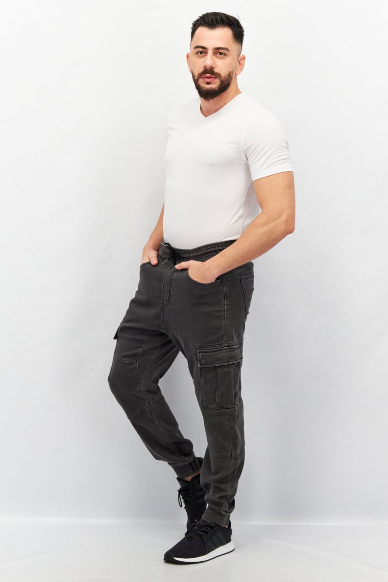 Celio Men Regular Fit Washed Drawstring Denim Cargo Pants, Charcoal - Image 2