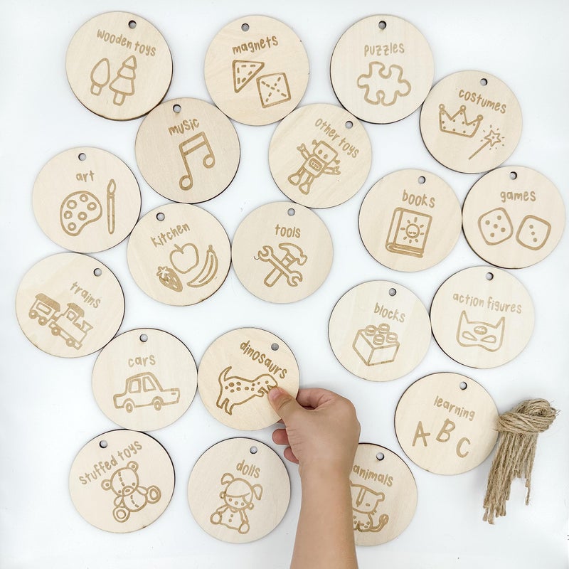 The Boho Design Wood Toy Storage Labels Natural Jute String. 20 Unique Designs of Wooden Tags for Woven Basket. Home Organization Playroom, Bedroom Decor. Illustration by Artist @vieli_arte (Wood + Jute String) - Image 2
