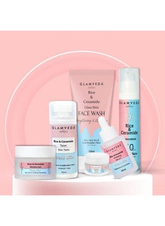 Glamveda Korean Glass Skin Rice & Ceramide 6 Step Daily Skincare Routine For Women With Gift Box | Face Wash, Toner, Serum, Under Eye Cream, Moisturizer & Sunscreen  - Image 1