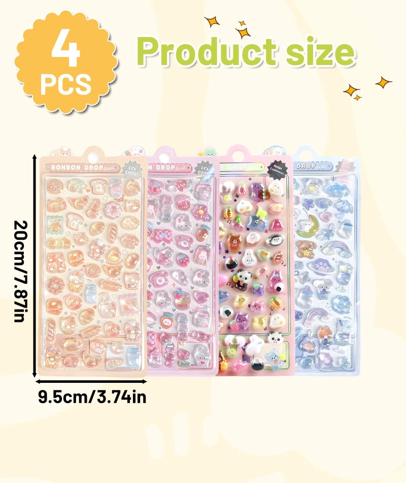 Korvika Kawaii Stickers Set, 4 Sheets of 3D Stickers for Kids, Fun and Colorful Decals, Cute Kawai Stickers, Vibrant 3D Sticker Collection. - Image 2