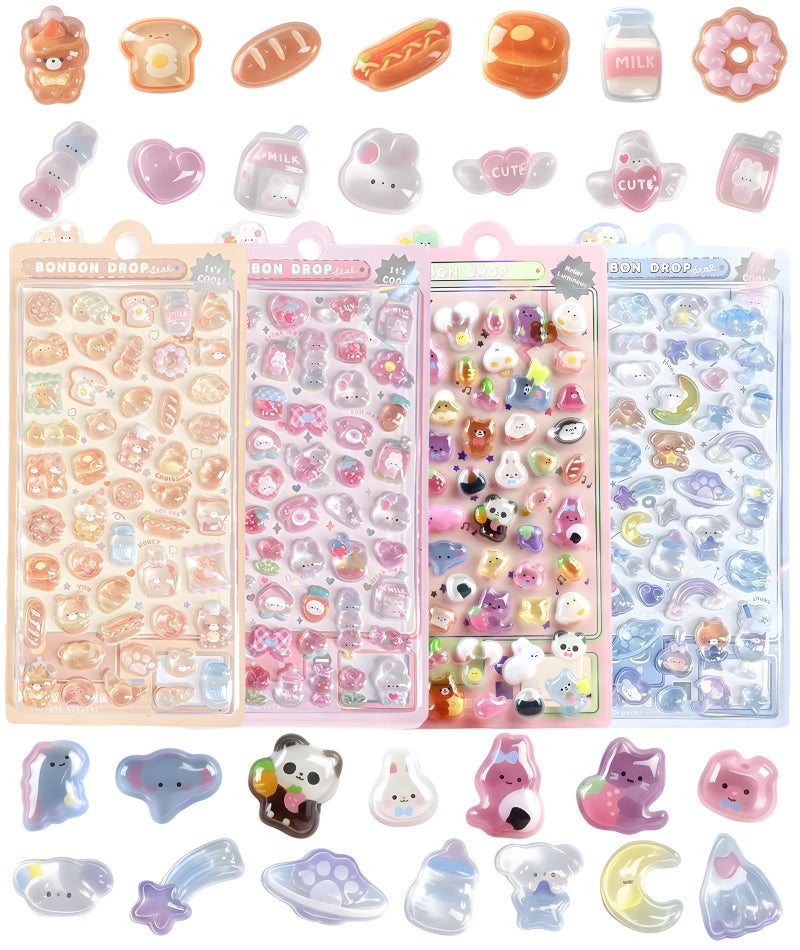 Korvika Kawaii Stickers Set, 4 Sheets of 3D Stickers for Kids, Fun and Colorful Decals, Cute Kawai Stickers, Vibrant 3D Sticker Collection. - Image 1