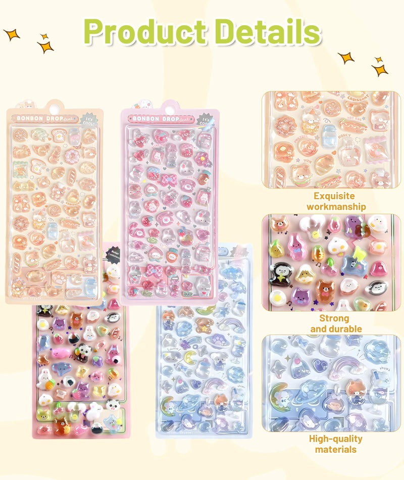 Korvika Kawaii Stickers Set, 4 Sheets of 3D Stickers for Kids, Fun and Colorful Decals, Cute Kawai Stickers, Vibrant 3D Sticker Collection. - Image 3