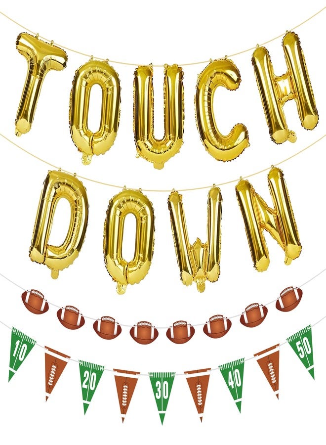 HALOGATE 3 Pack Football Party Decoraitons, Touchdown Letter Foil Balloon, Pre-Strung Football Hanging Banner Sport Themed Triangle Flag Banner for Football Game Day Birthday Tailgate Party Supplies - Image 1
