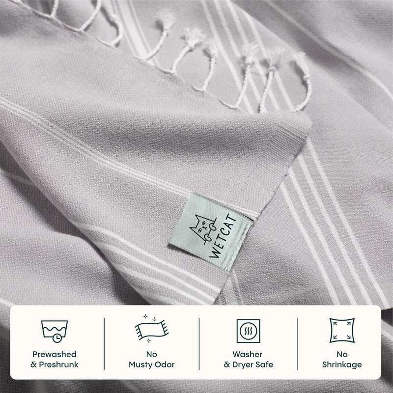 ويت كات منشفة شاطئ تركية WETCAT كبيرة الحجم (38 × 71 بوصة) قطن تركي 100%، مصنوعة في تركيا - خالية من الرمل، كبيرة جدًا، فائقة النعومة، سريعة الجفاف، مدمجة وخفيفة الوزن للسفر - رمادي فاتح - Image 5