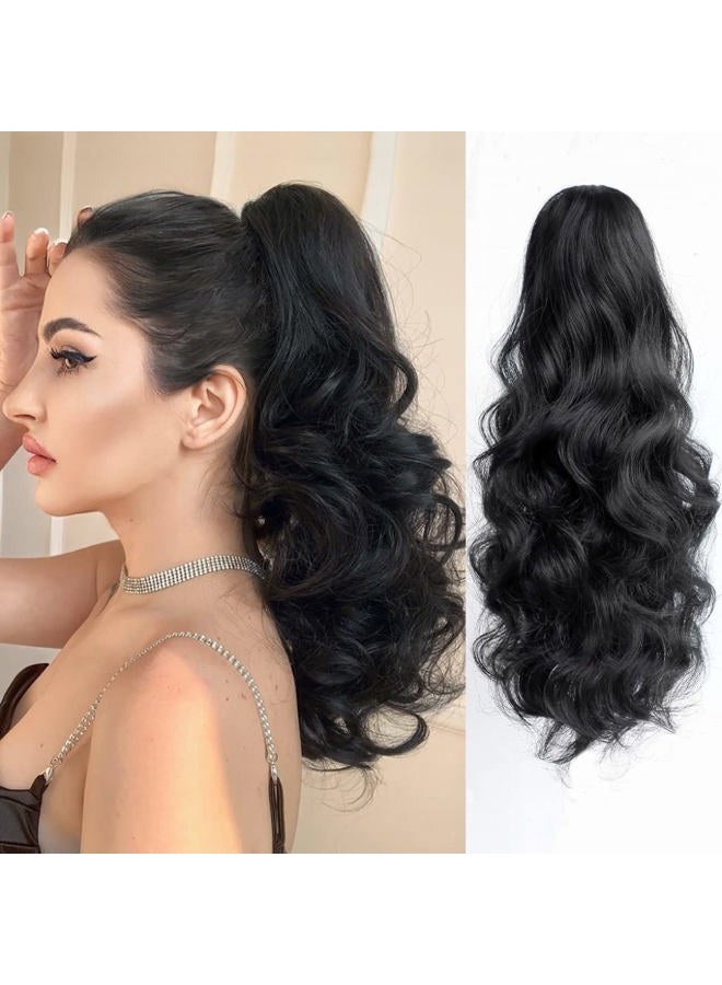 StrRid Claw Clip Ponytail Extension 16" Wavy Clips in Hair Extensions Curly Synthetic Pony Tails Fluffy Faux Ponytails Wigs Natural Hairpieces for Women Wedding Party Daily Use 6 Oz Dark Black - Image 1