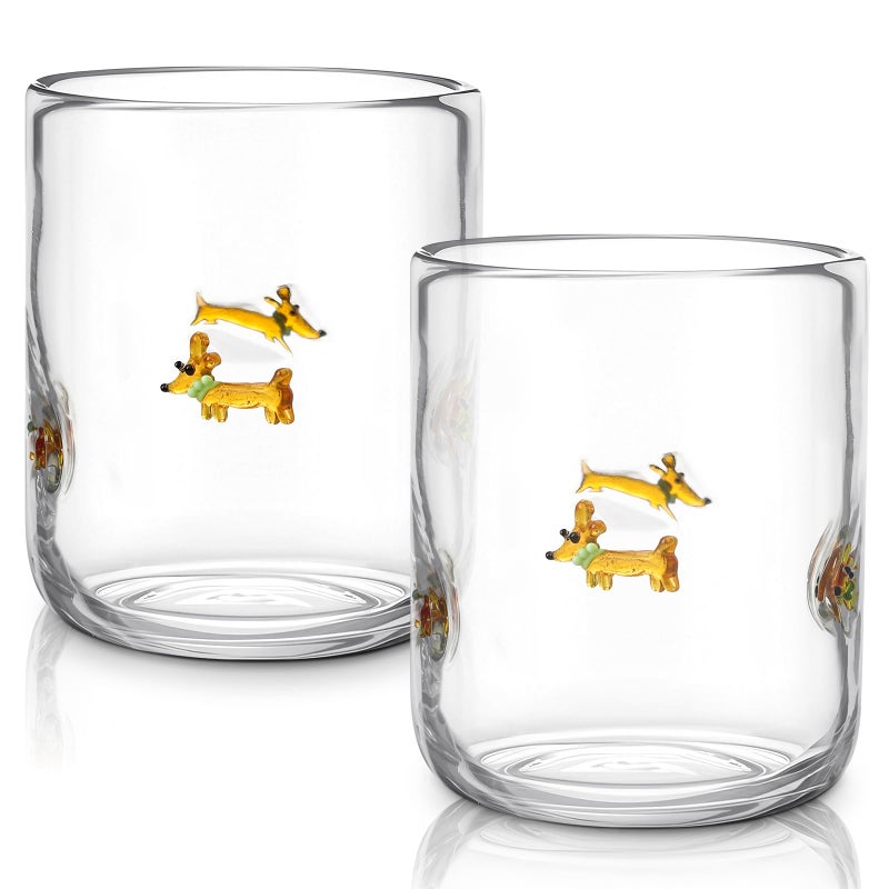 Skylety 2 Pack Icon Juice Glasses, 14 oz Stemless Glass Cups, Dachshund Juice Cocktail Wine Coffee Drinking Cups for Engagement Wedding Anniversary Valentines Party Supplies - Image 1