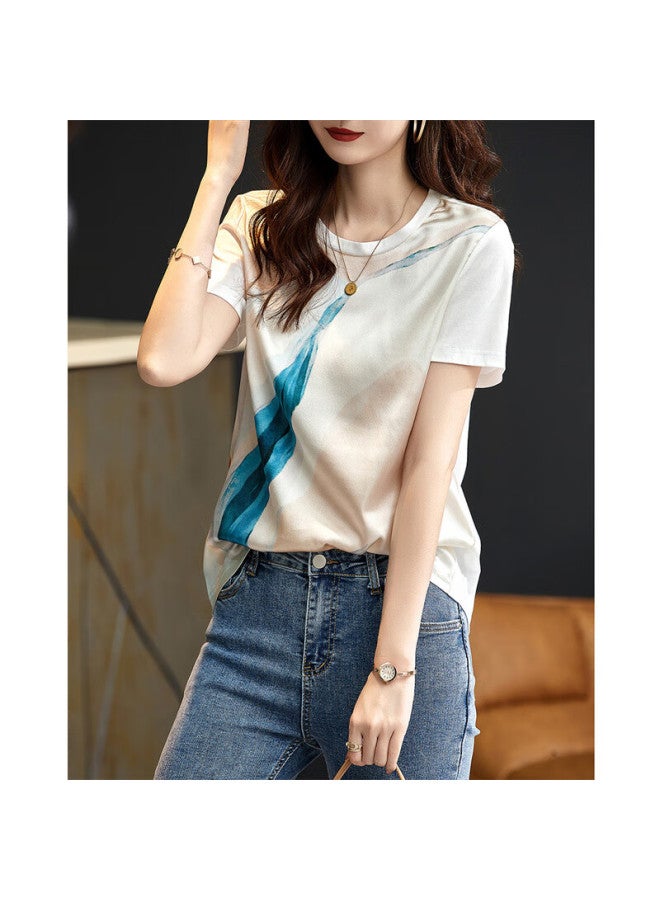 Dme Spliced T-shirt Summer New Round Neck Silk T-shirt Women's Random Printed Mulberry Silk Loose Women's T-shirt - Image 3