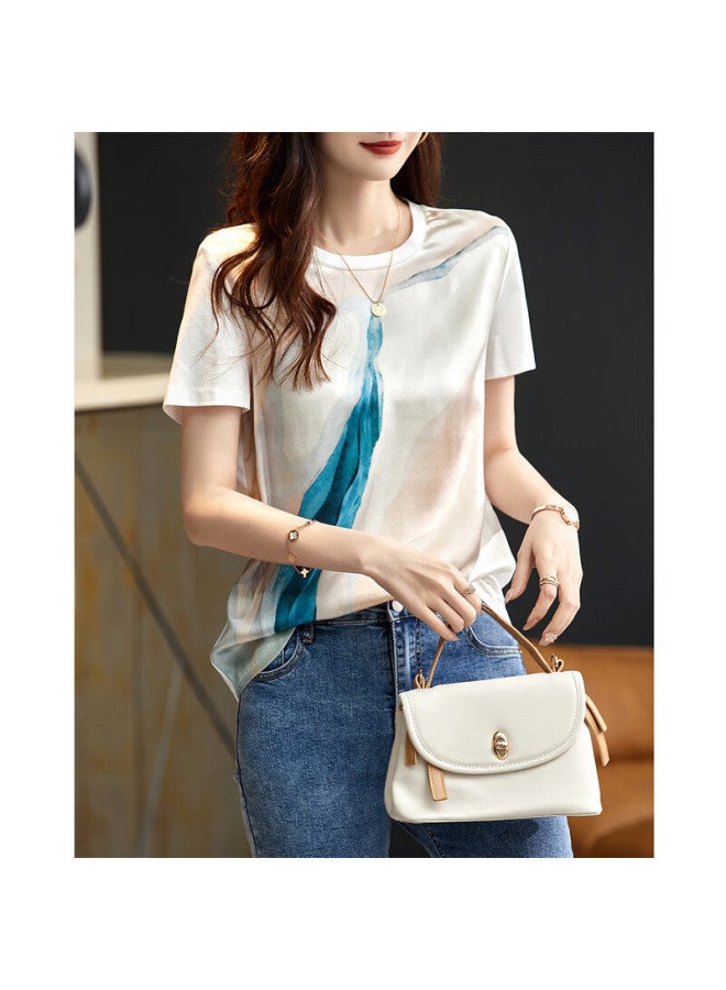 Dme Spliced T-shirt Summer New Round Neck Silk T-shirt Women's Random Printed Mulberry Silk Loose Women's T-shirt - Image 5