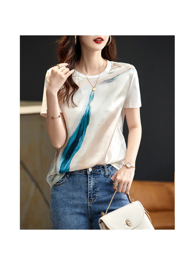 Dme Spliced T-shirt Summer New Round Neck Silk T-shirt Women's Random Printed Mulberry Silk Loose Women's T-shirt - Image 4