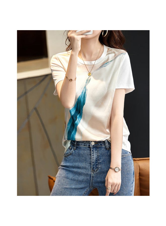 Dme Spliced T-shirt Summer New Round Neck Silk T-shirt Women's Random Printed Mulberry Silk Loose Women's T-shirt - Image 2