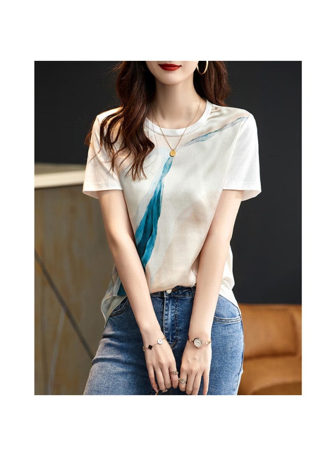Dme Spliced T-shirt Summer New Round Neck Silk T-shirt Women's Random Printed Mulberry Silk Loose Women's T-shirt - Image 1