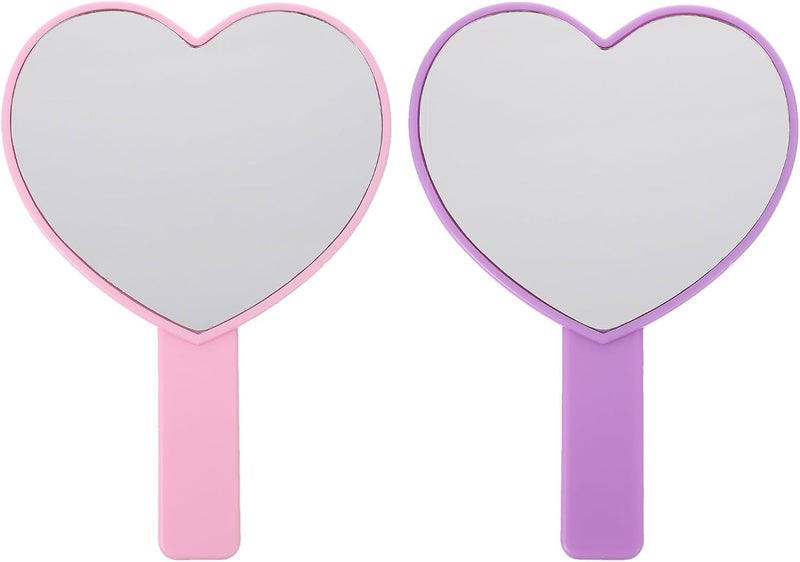 2 Pcs Portable Heart Shape Vanity Mirror with Handle, Handheld Makeup Mirror Set in Violet and Pink for Travel and Personal Cosmetic Use - Image 1