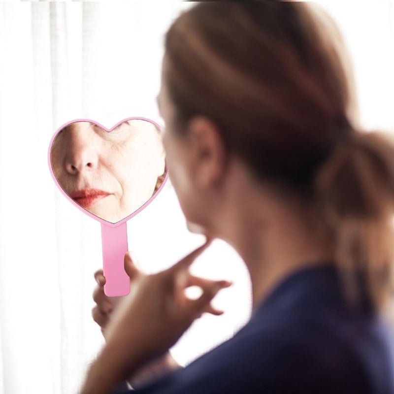 2 Pcs Portable Heart Shape Vanity Mirror with Handle, Handheld Makeup Mirror Set in Violet and Pink for Travel and Personal Cosmetic Use - Image 5