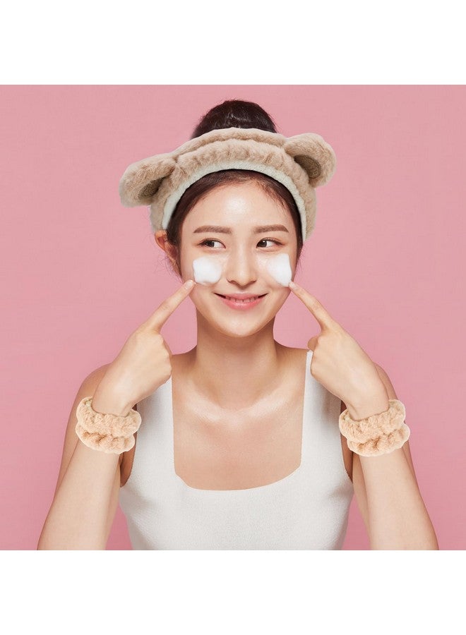 Canitor Face Wash Headband with Wrist Towels - Soft Coral Fleece Spa Makeup Headband, Cute Animal Elastic Skincare Design with Bear Ears - Image 5