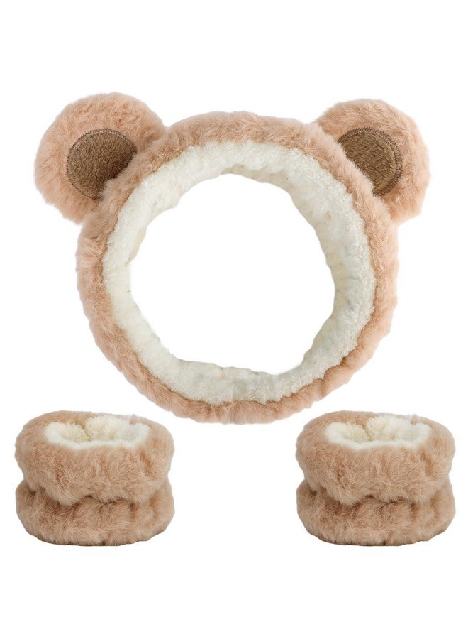 Canitor Face Wash Headband with Wrist Towels - Soft Coral Fleece Spa Makeup Headband, Cute Animal Elastic Skincare Design with Bear Ears - Image 1