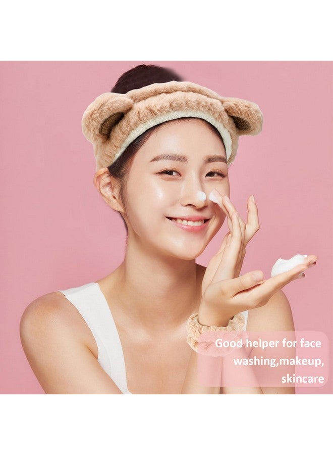 Canitor Face Wash Headband with Wrist Towels - Soft Coral Fleece Spa Makeup Headband, Cute Animal Elastic Skincare Design with Bear Ears - Image 3