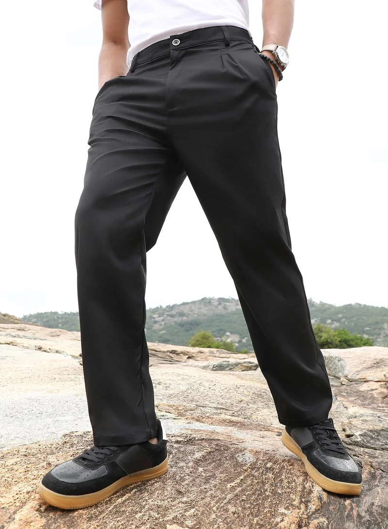 Campus Sutra Campus Sutra Men's Midnight Black Pleated Straight-Fit Tailoured Trousers | Mid-Rise , Straight Hem , Button Closure | Solid Plain | Polyester Blend Trousers For Formal & Office Wear