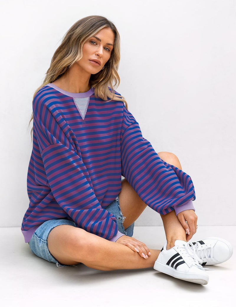 UEU Women's Oversized Long Sleeve Shirts Stripe Color Block Sweatshirt Soft Lightweight Pullover Tops Purple Striped Large - Image 3