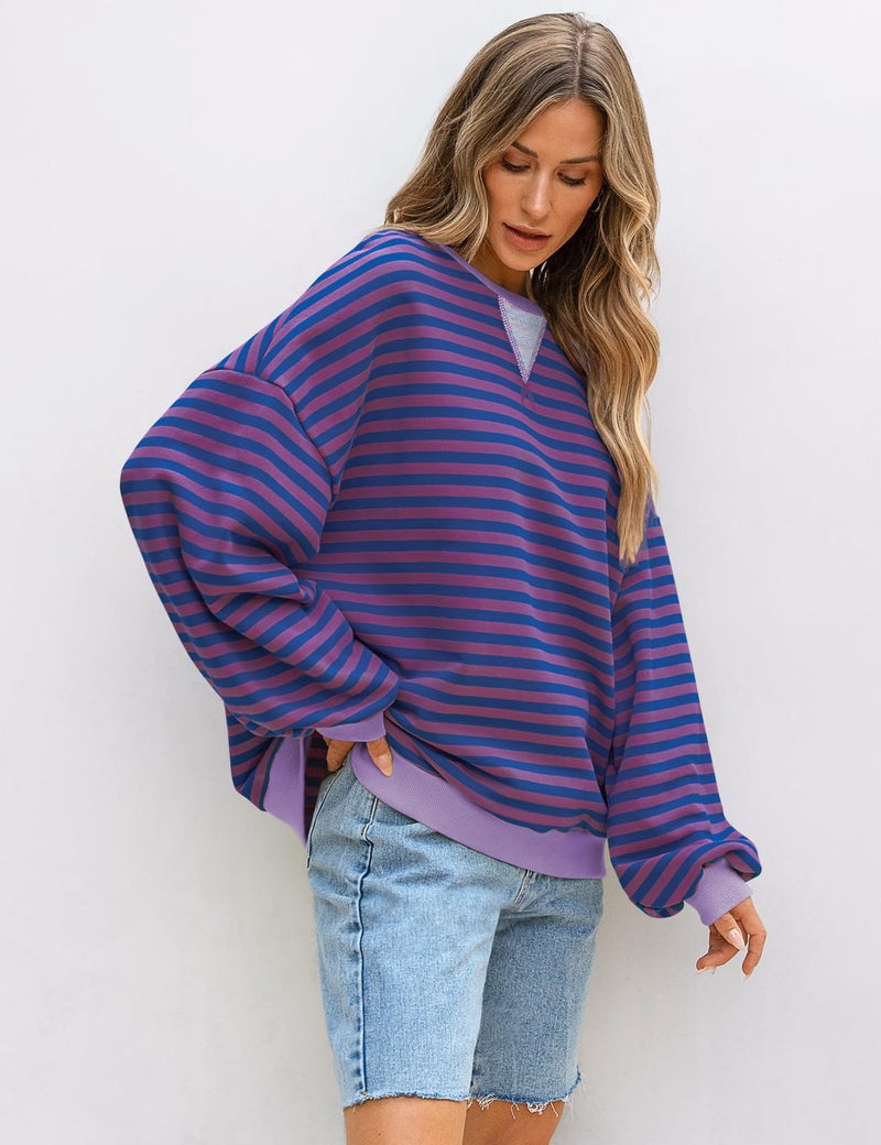 UEU Women's Oversized Long Sleeve Shirts Stripe Color Block Sweatshirt Soft Lightweight Pullover Tops Purple Striped Large - Image 4