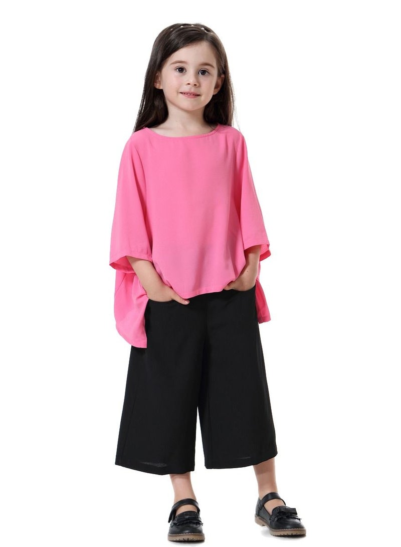 Loquat Girl's 2-Piece Set Outfit Round Neck Top And Loose Cropped Pants Suit Rose Pink/Black  - Image 1