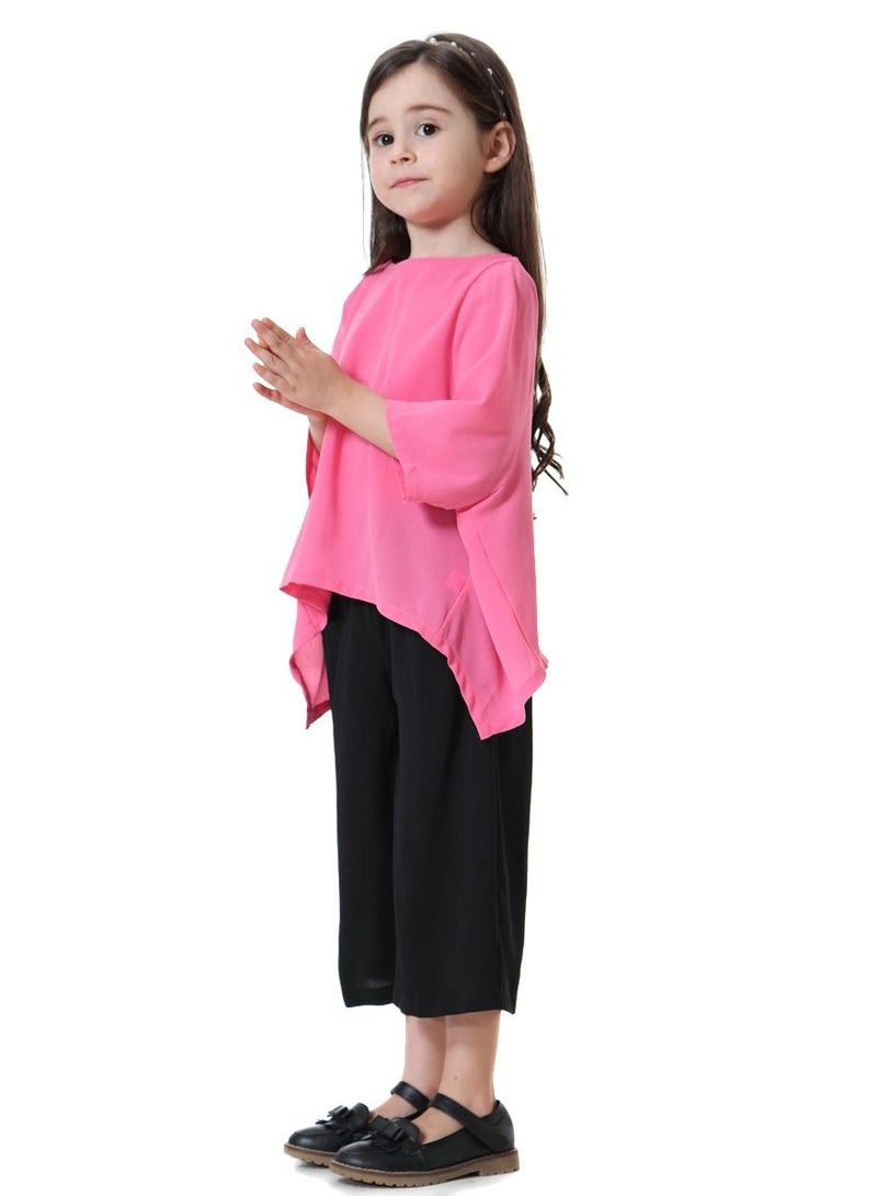 Loquat Girl's 2-Piece Set Outfit Round Neck Top And Loose Cropped Pants Suit Rose Pink/Black  - Image 2