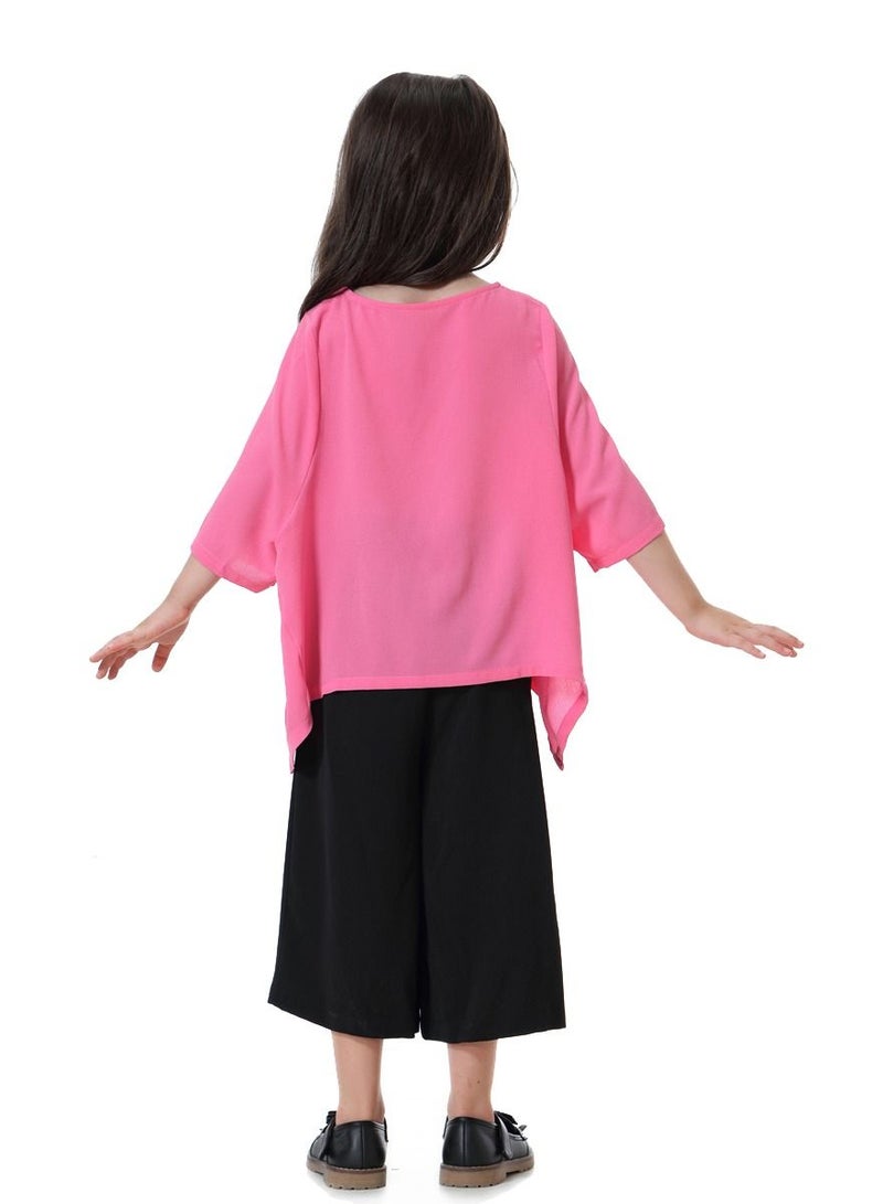Loquat Girl's 2-Piece Set Outfit Round Neck Top And Loose Cropped Pants Suit Rose Pink/Black  - Image 3