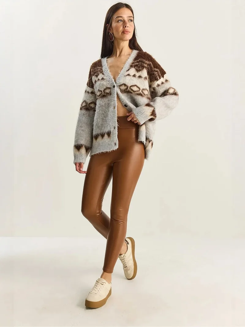 Bianco Lucci Camel Brown LUCCI Elastic Waist Faux Leather Skinny Pants for Women | Best Price UAE