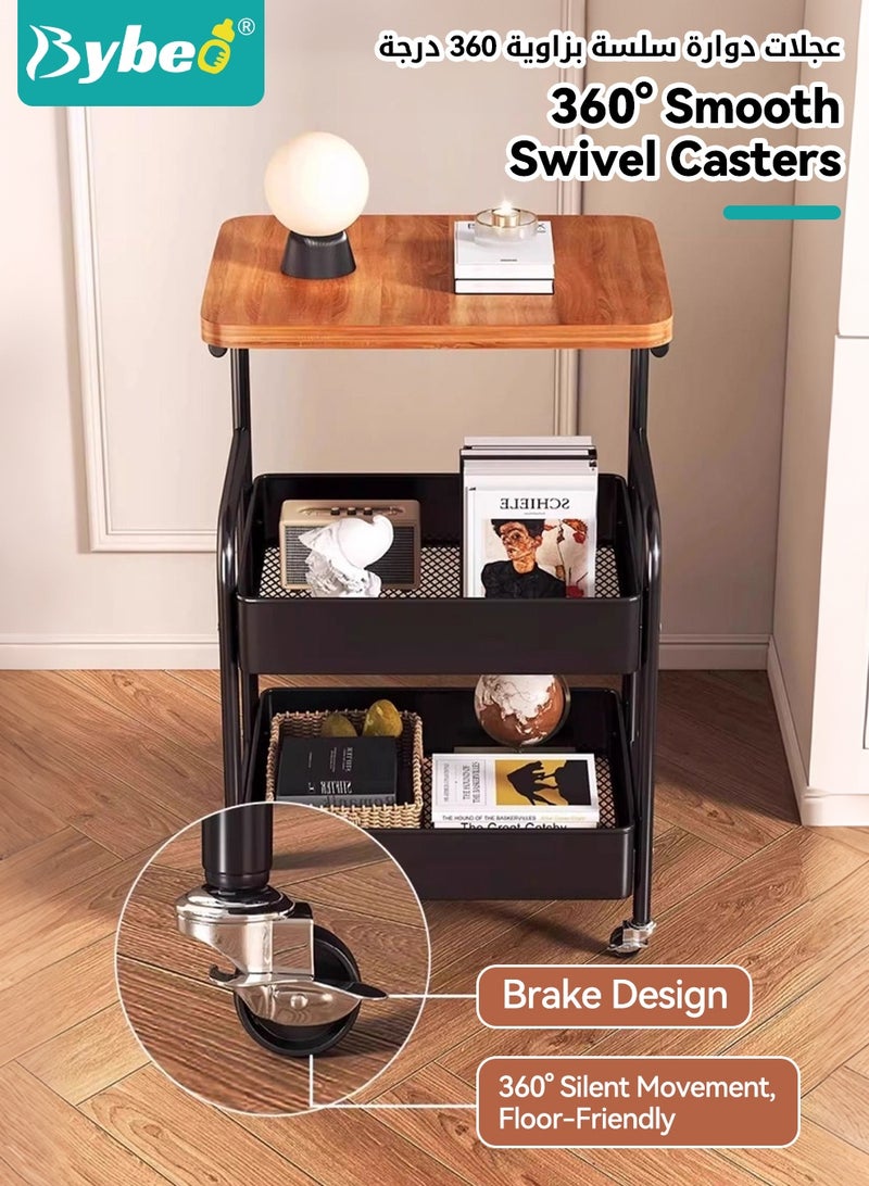 Bybeo 2-in-1 Side Table＆Storage Trolley, 3-Tier Utility Rolling Cart with Wooden Tabletop, Metal Rolling Trolley Cart, Multifunctional End Table Organizer for Living Room, Bedroom, Kitchen, Bathroom, Office - Image 3