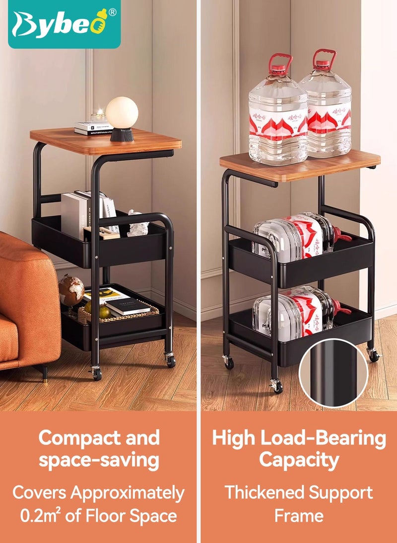Bybeo 2-in-1 Side Table＆Storage Trolley, 3-Tier Utility Rolling Cart with Wooden Tabletop, Metal Rolling Trolley Cart, Multifunctional End Table Organizer for Living Room, Bedroom, Kitchen, Bathroom, Office - Image 5