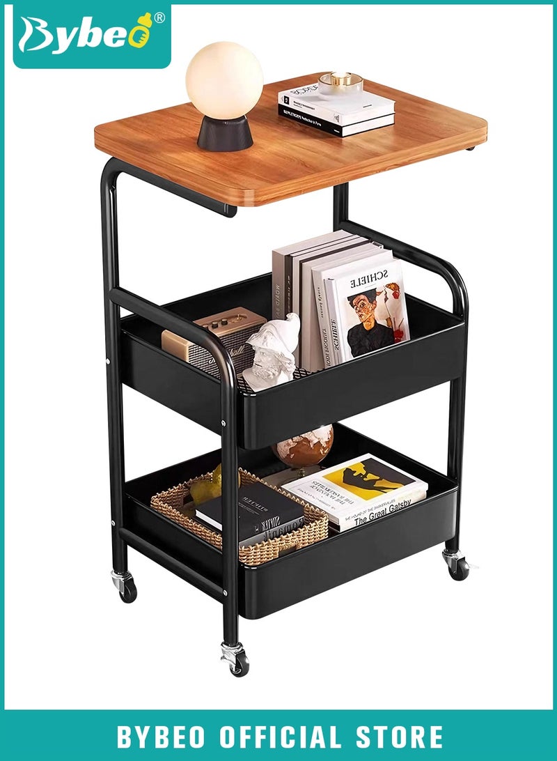 Bybeo 2-in-1 Side Table＆Storage Trolley, 3-Tier Utility Rolling Cart with Wooden Tabletop, Metal Rolling Trolley Cart, Multifunctional End Table Organizer for Living Room, Bedroom, Kitchen, Bathroom, Office - Image 1