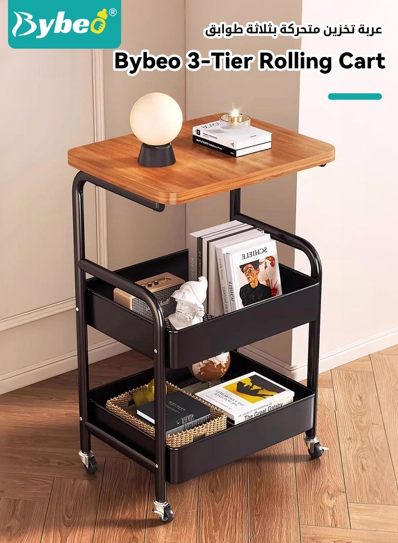 Bybeo 2-in-1 Side Table＆Storage Trolley, 3-Tier Utility Rolling Cart with Wooden Tabletop, Metal Rolling Trolley Cart, Multifunctional End Table Organizer for Living Room, Bedroom, Kitchen, Bathroom, Office - Image 2