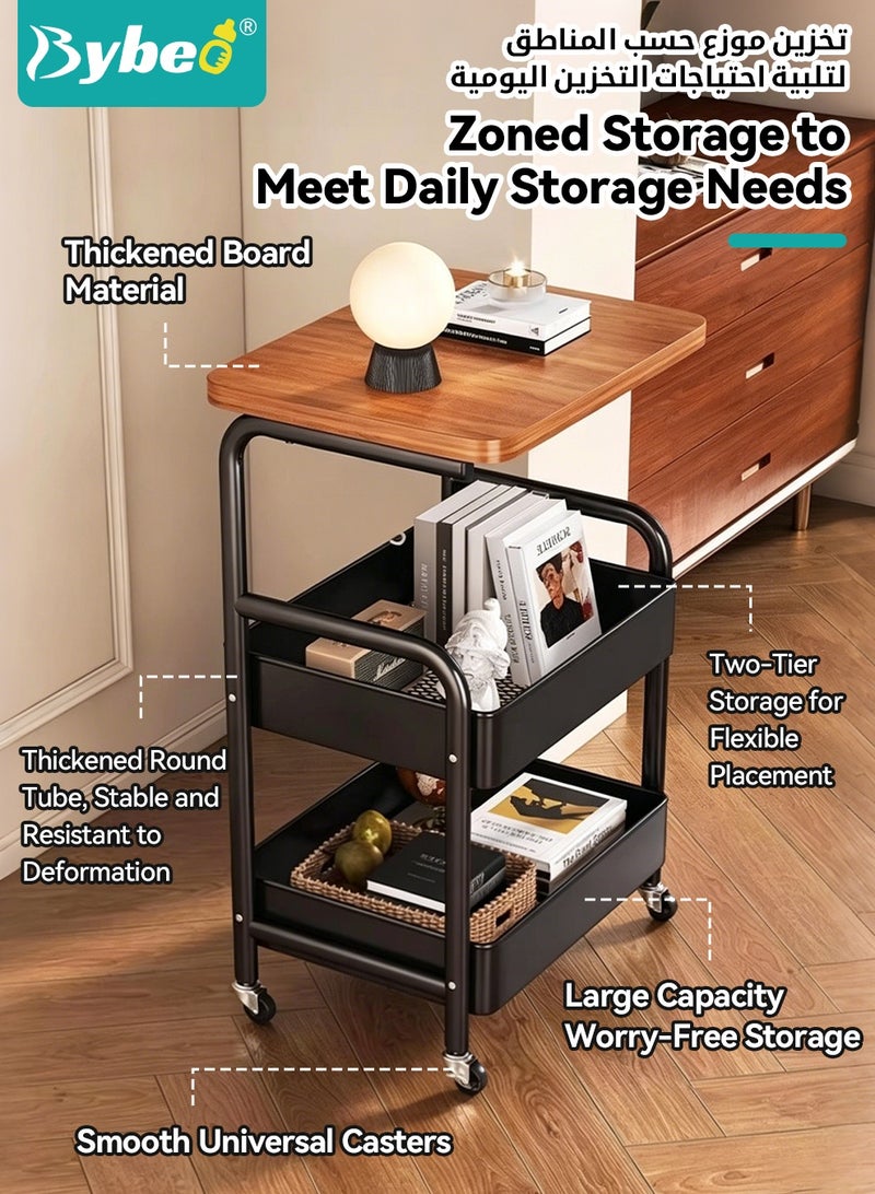 Bybeo 2-in-1 Side Table＆Storage Trolley, 3-Tier Utility Rolling Cart with Wooden Tabletop, Metal Rolling Trolley Cart, Multifunctional End Table Organizer for Living Room, Bedroom, Kitchen, Bathroom, Office - Image 4
