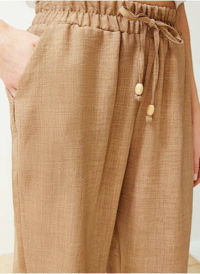 Camel Straight Elastic Waist Laced Linen Look Trousers TWOSS24PL00056