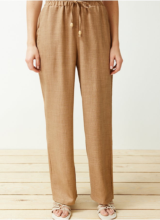 trendyol Camel Straight Elastic Waist Laced Linen Look Trousers TWOSS24PL00056  - Image 5