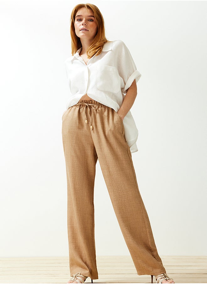 trendyol Camel Straight Elastic Waist Laced Linen Look Trousers TWOSS24PL00056  - Image 3