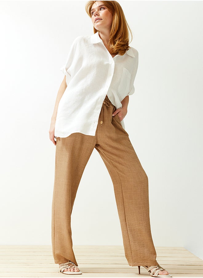 trendyol Camel Straight Elastic Waist Laced Linen Look Trousers TWOSS24PL00056  - Image 4
