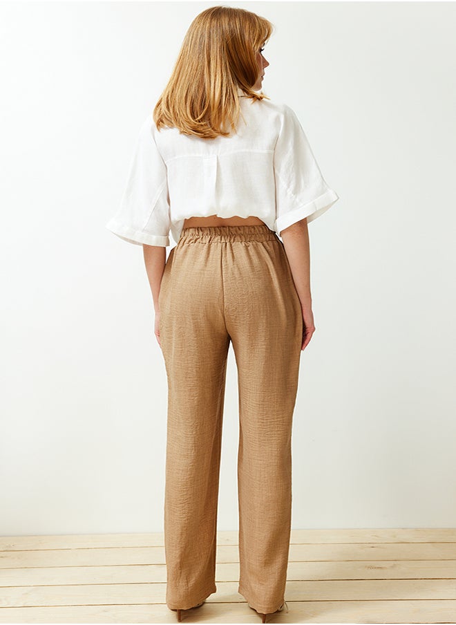 Camel Straight Elastic Waist Laced Linen Look Trousers TWOSS24PL00056