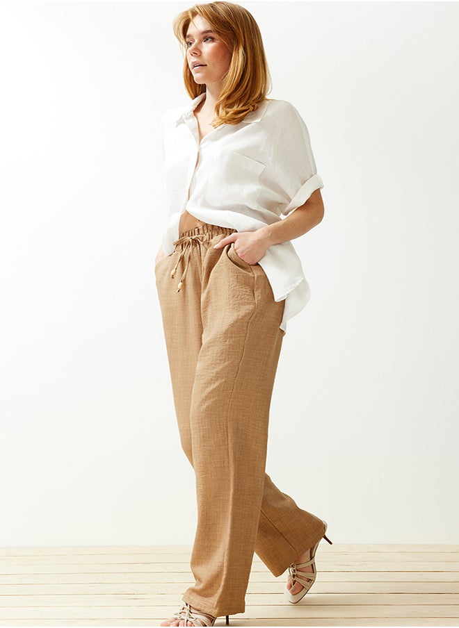trendyol Camel Straight Elastic Waist Laced Linen Look Trousers TWOSS24PL00056  - Image 2
