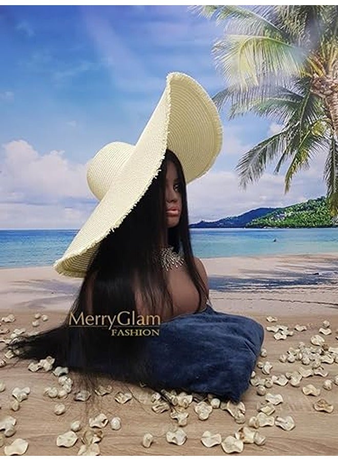 MerryGlam Women's Beach Hat - Brim Straw Girls' Summer Sunshade Cap for Travel, Foldable, Floppy, UV Protection,Creame, Size XL 60cm, 100% Paper Straw  - Image 2