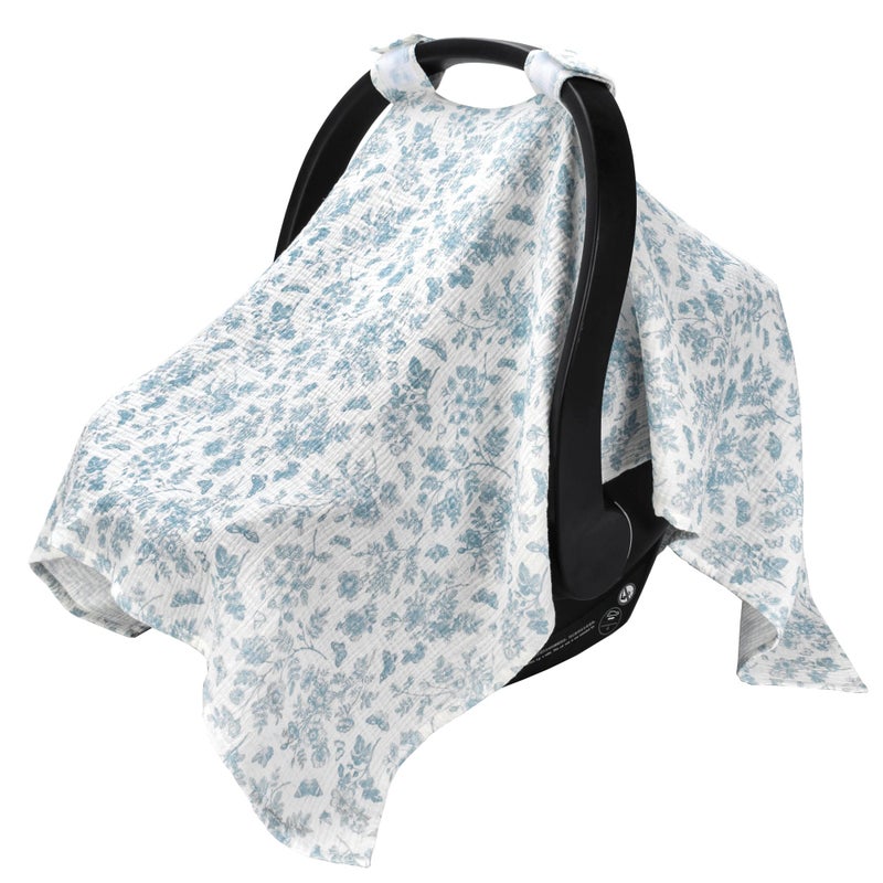 SERAPHY 100% Muslin Cotton Car Seat Covers for Babies - Universal, Breathable Canopies for Boys and Girls - Soft Summer Car Seat Cover - Blue Flowers - Image 1