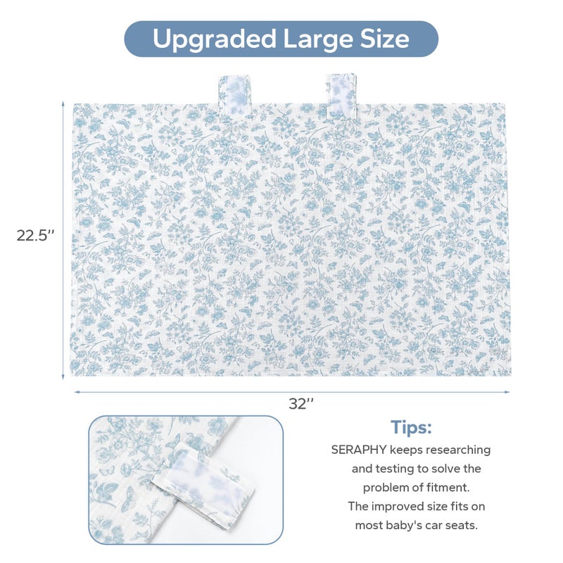 SERAPHY 100% Muslin Cotton Car Seat Covers for Babies - Universal, Breathable Canopies for Boys and Girls - Soft Summer Car Seat Cover - Blue Flowers - Image 2