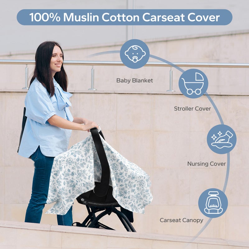 SERAPHY 100% Muslin Cotton Car Seat Covers for Babies - Universal, Breathable Canopies for Boys and Girls - Soft Summer Car Seat Cover - Blue Flowers - Image 4