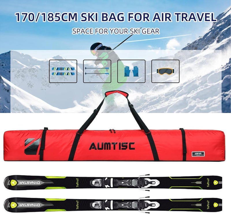 AUMTISC Fully Padded Ski Bag, Single Ski Bags for Air Travel, Waterproof Snow Ski Bag for Flying with Adjustable Handle, Perfect for Skiing, Storage and Transport, 170 185 cm - Image 5