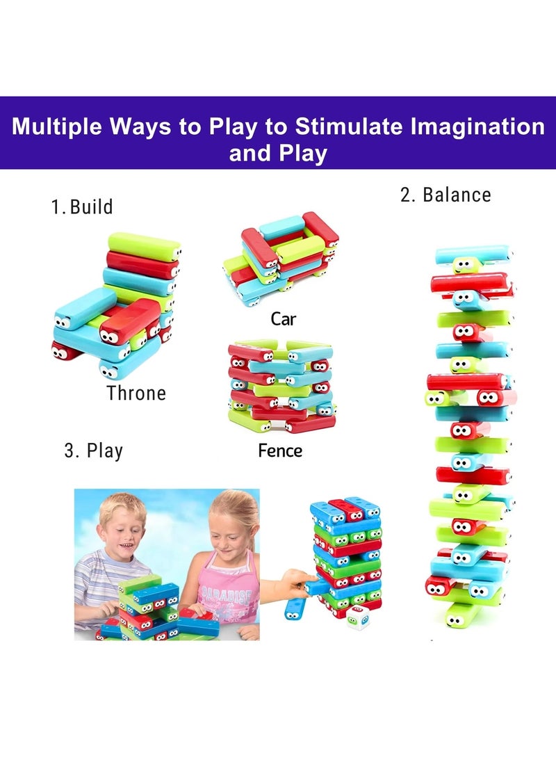 VIO Colorful Googly Tumbling Tower Blocks with Dice Tile Stacking Dominoes Game Stacker Building Blocks Domino Bug Board Game Fun Toys for Kids Building Balancing Stacking for Fun Toys for Kids Boys Girls Adults Family Fun Great Gift Birthday Party Favors  - Image 5