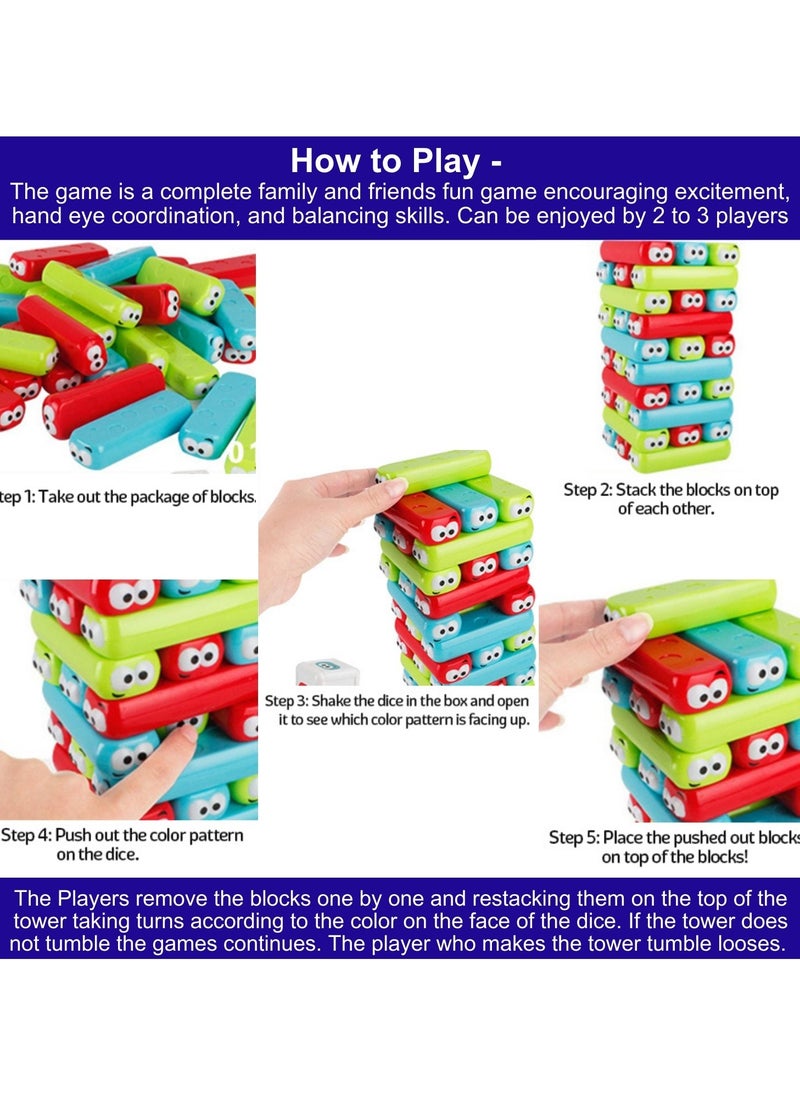 VIO Colorful Googly Tumbling Tower Blocks with Dice Tile Stacking Dominoes Game Stacker Building Blocks Domino Bug Board Game Fun Toys for Kids Building Balancing Stacking for Fun Toys for Kids Boys Girls Adults Family Fun Great Gift Birthday Party Favors  - Image 4