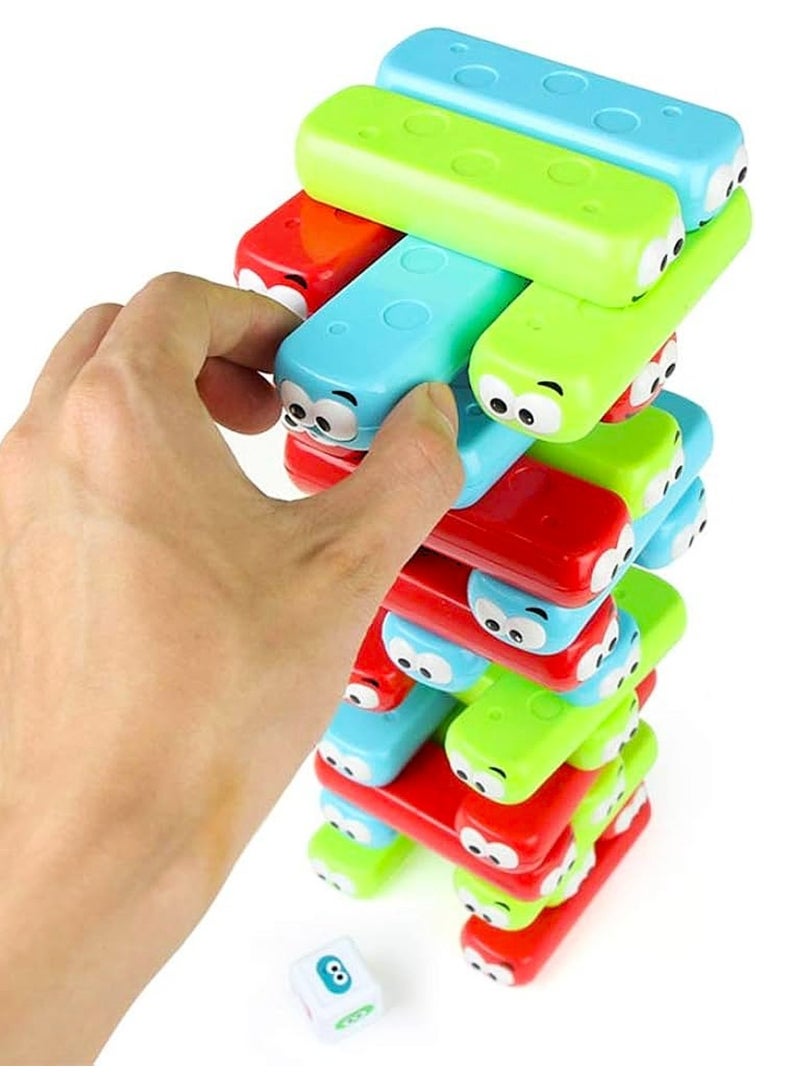 فيو كتل برج متدحرجة Googly الملونة مع النرد بلاط التراص لعبة الدومينو المعبئ لبنات البناء لعبة الدومينو علة لوحة ألعاب ممتعة للأطفال بناء موازنة التراص لألعاب ممتعة للأطفال أولاد بنات الكبار متعة عائلية هدية رائعة حفلة عيد ميلاد هدايا - Image 1