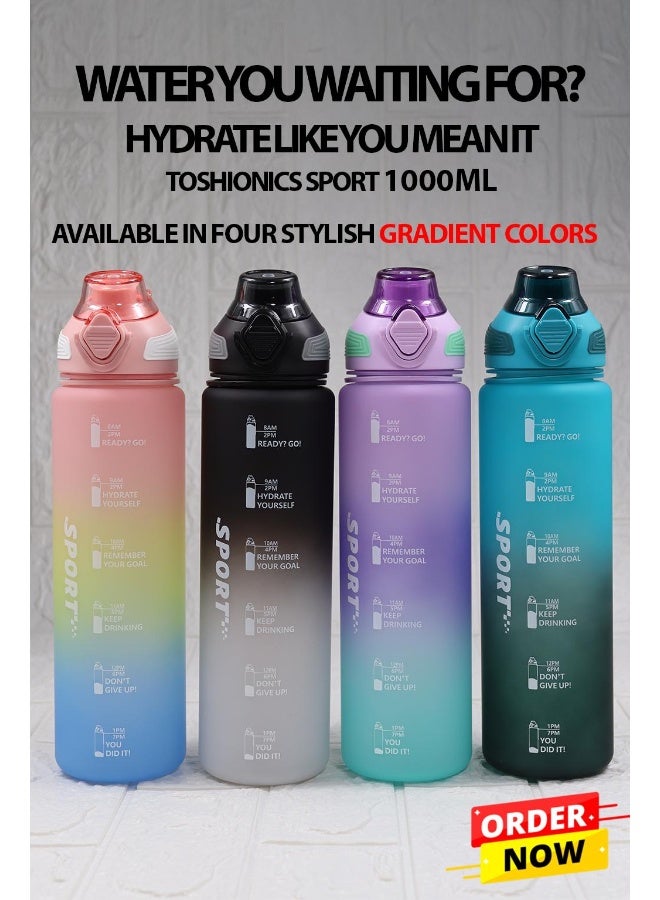 Toshionics 1000ml Motivational Sports Water Bottle with Time Markers, One-Touch Lid, Fruit & Ice Infuser and Carry Handle String - BPA-Free Tritan, Leak-Proof Lid, Eco- Friendly, Plastic, Reusable, Drink Reminder Water Bottle for School, Office, Daily Hydration, Gym, Fitness, Outdoor, Sports and Travel, 32oz Bottle  - Image 4