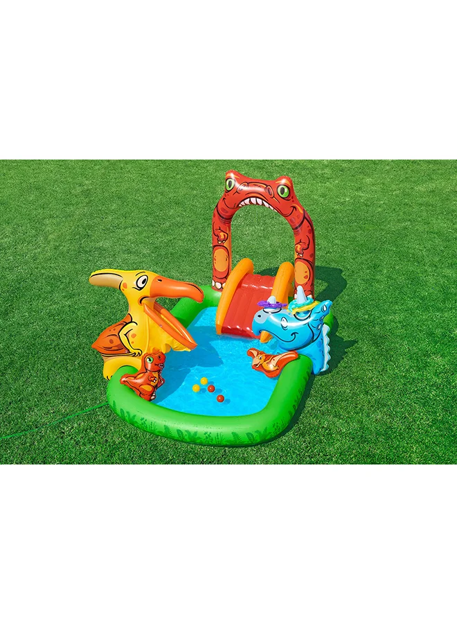 Bestway Jurassic Splash Inflatable Kids Play Center with Water Slide, Dinosaur Theme Pool, Ring Toss Game, Ball Play Set, Sprinkler Feature, Outdoor Activity Pool, Repair Patch Included, 2.41m x 1.40m x 1.37m